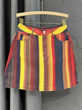 Skirt Slim High Spliced Pockets Waist Rainbow Striped Denim Short