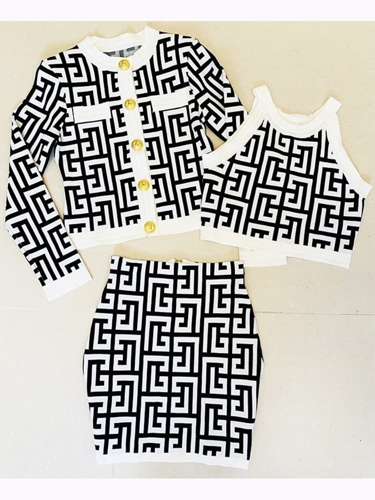 Fashion Metal Lion Buttons Geometrical Knit Cardigan Camis Mini Skirt 3pcs Suit Set