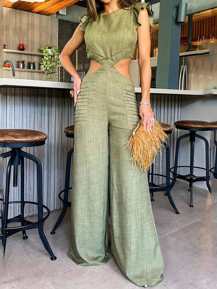 Fashion Casual Wide Leg Jumpsuits Hollow Out Female Clothing Summer Sleeveless Streetwear