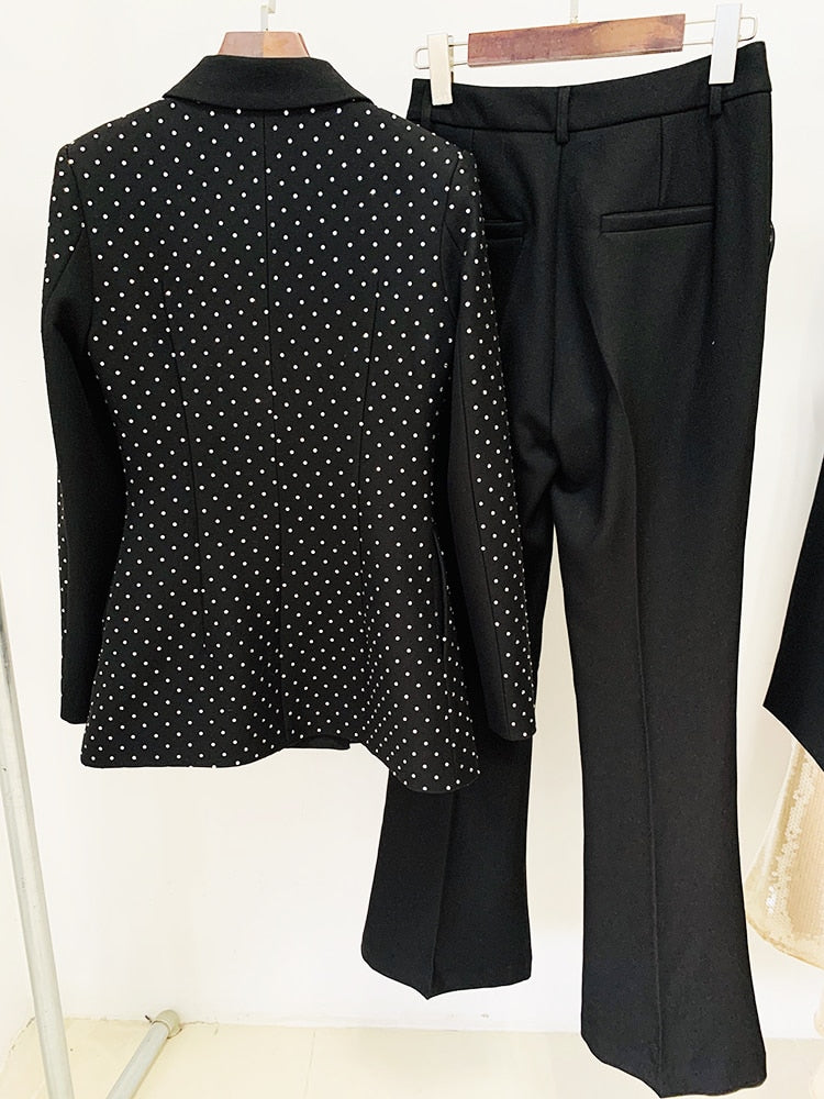 Designer Runway Suit Set Women's Slim Fitting Diamonds Blazer Flare Pants Suit 2pcs