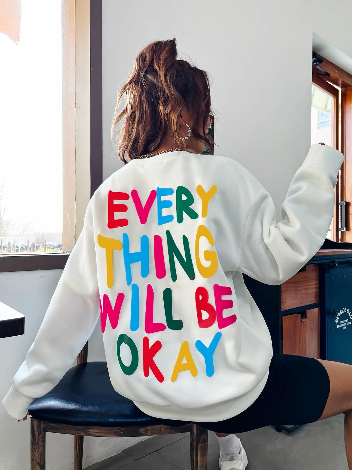 Everything Will Be Okay Letter Printed Womans Sweatshirt Drop-Shoulder Crewneck Pullover Fashion Casual Hoodies Female Clothing