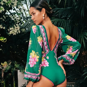 2024 New Women Retro Long-sleeved Retro Green Grapes  Swimsuit Set  Swimwear Beachwear Bathing Suit Bikini Monokini  Bodysuit