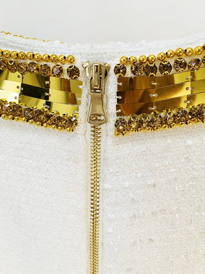 designer Fashion Women's Stunning Metallic Diamonds Strass Handwork Beaded Tweed Mini Skirt