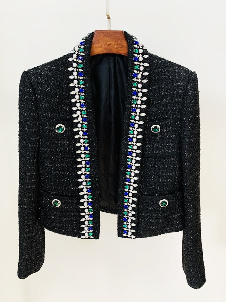 Designer Fashion Women's Stunning Strass Diamonds Beading Shawl Collar Tweed Jacket