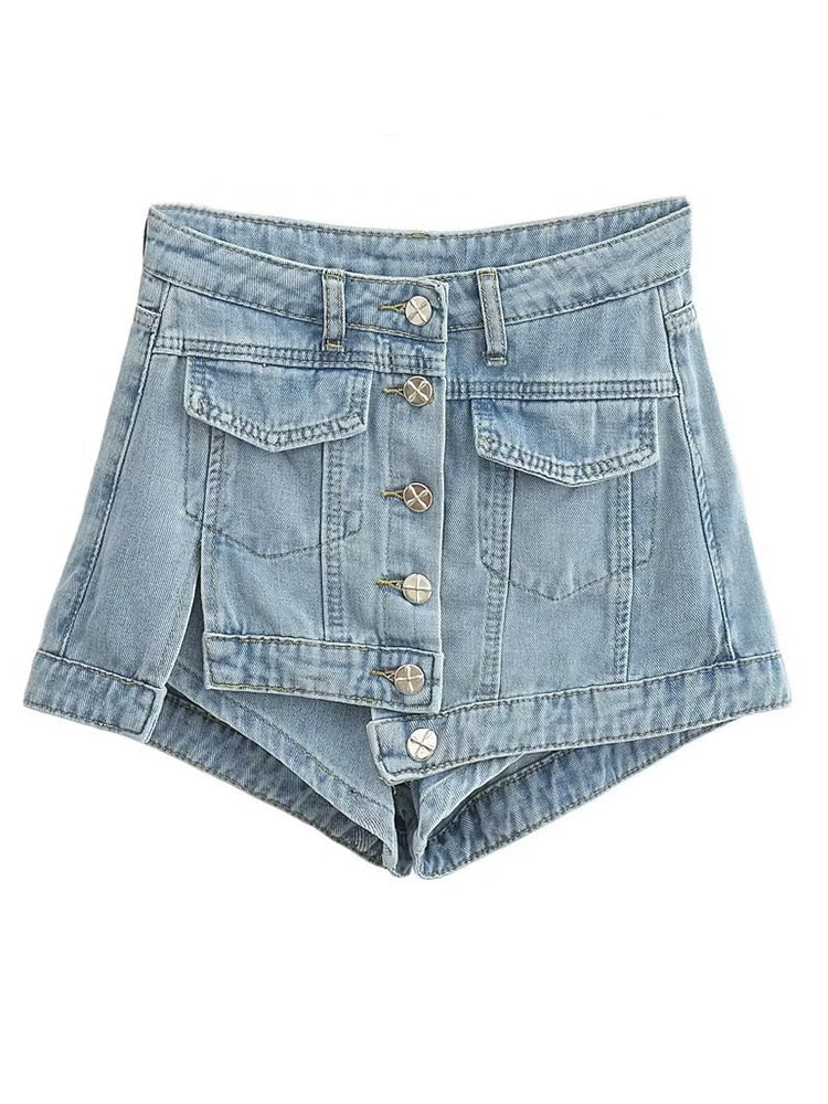 Denim Shorts Irregular Patchwork Single Breasted High Waist Blue Straight Short Jeans