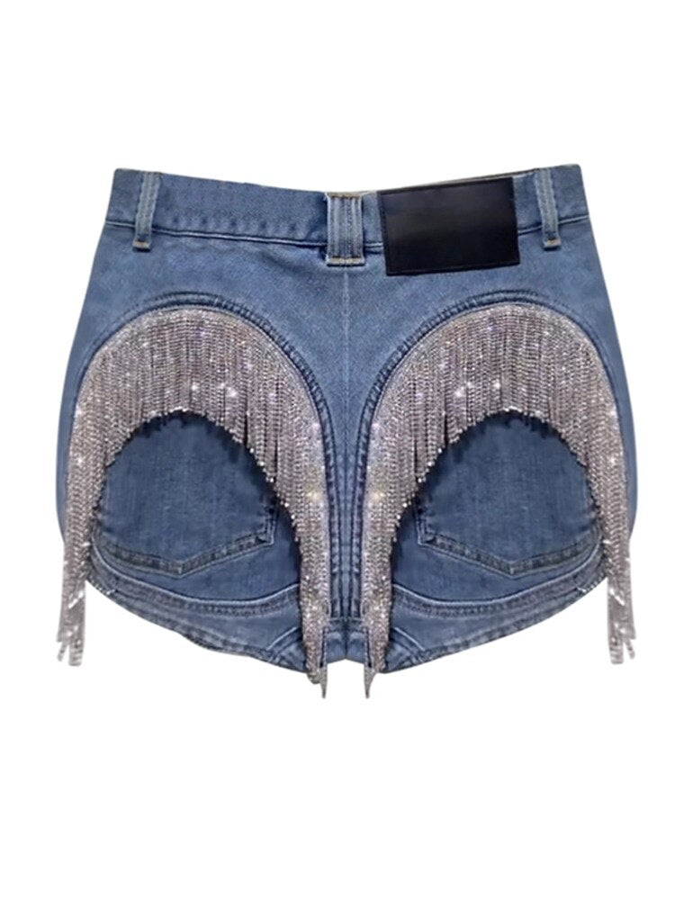 Shorts Slim High Waist Back Rhinestone Tassel Spilt Wid Leg Blue Denim Short