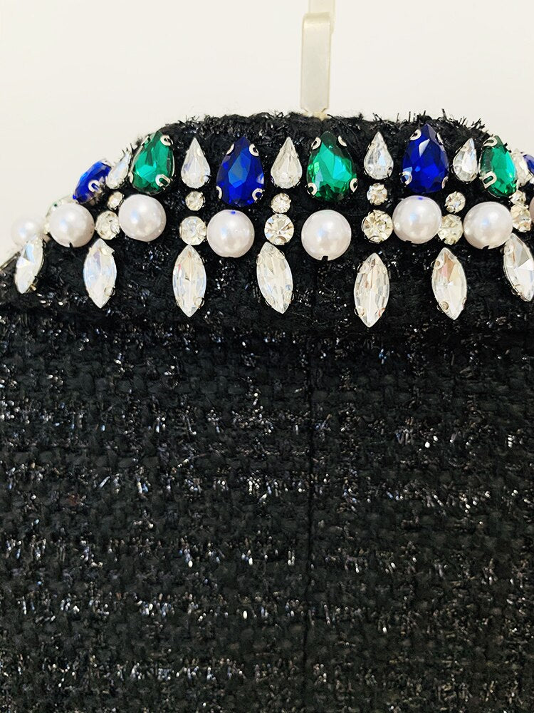 Designer Fashion Women's Stunning Strass Diamonds Beading Shawl Collar Tweed Jacket
