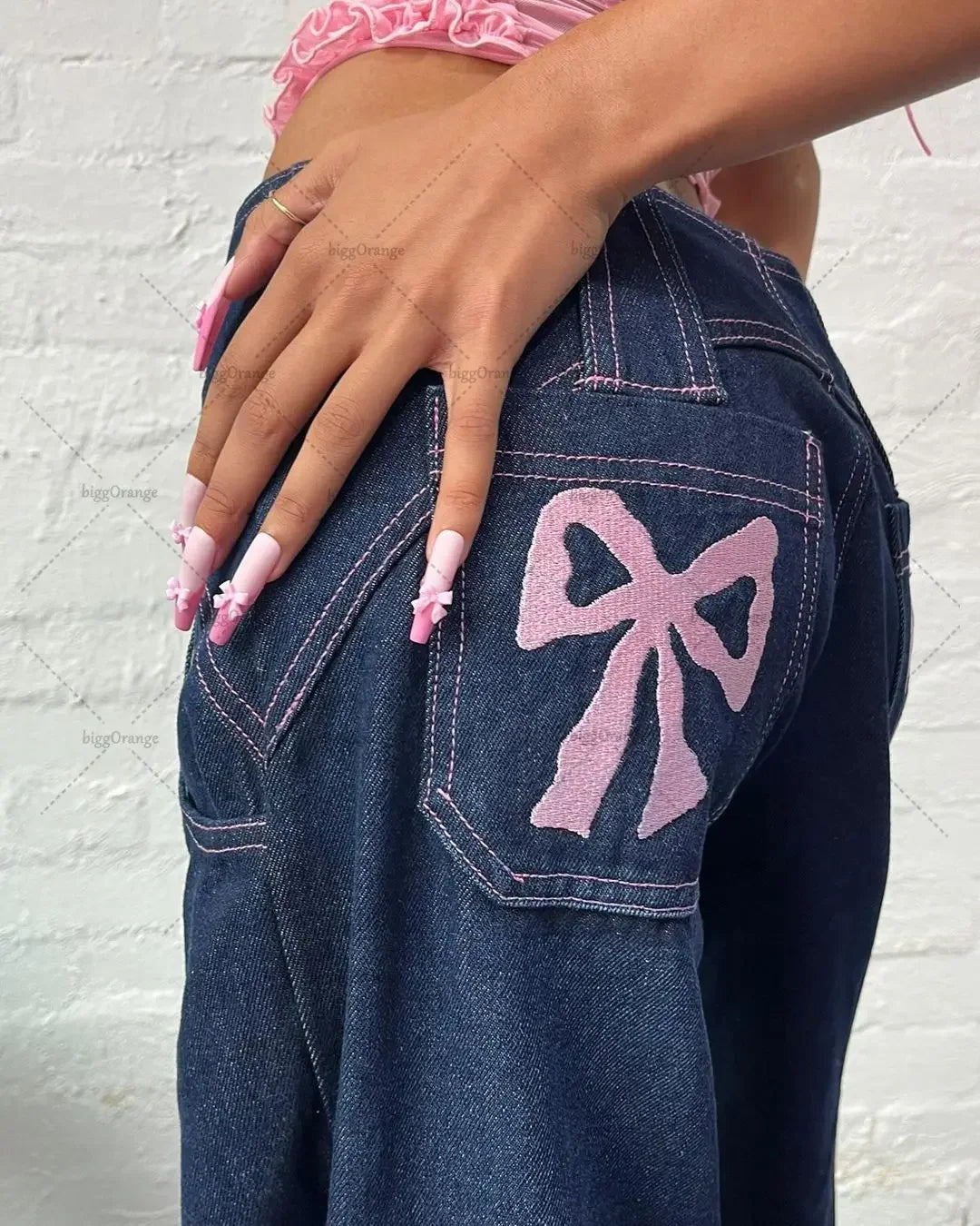 90s Low Rise Jeans Women's Vintage Embroidered Bow Pattern Street Trend Straight Leg Wide Baggy Jeans