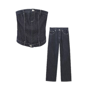 New Fashion Denim Striped Tight Tube Top Women Suits Chic Street Party Holiday Youth Two-piece