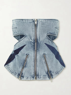 designer Runway Suit Set Women's Sexy Fashionable 3D Split Color Contrast Zipper Panel TubeTop Jeans Set