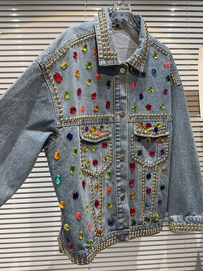 HIGH STREET Fashion Women's Colorful Gemstone Studded Design Loose Denim Jacket
