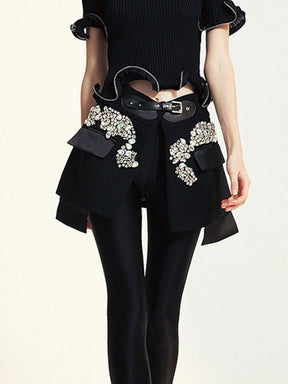 Fashion Bead Patchwork PU Leather Girdle Temperament Streetwear Above Knee Black Skirt