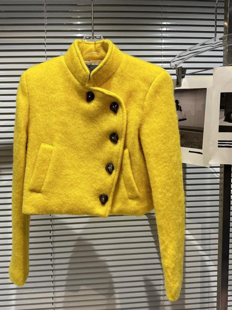 Designer Fashion Women Diagonal Button Shoulder Pad Woolen Stand Collar  Jacket