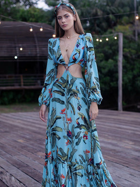 Sexy V-Neck Backless Hollow Out Dress r Women Long Lantern Sleeve Club Party Long Maxi Dresses