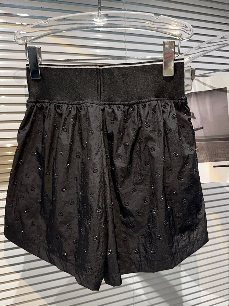 Stylish Designer Runway Suit Set Women's  Diamonds Beaded rainproof silk jacket elastic waist shorts set
