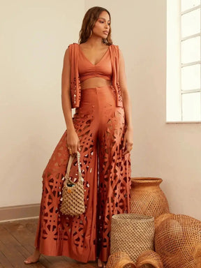 Two Piece Set Wides Legs Pants Elegant Solid Women Deep V Hollow Out Sexy Short Top Wide Leg Pants