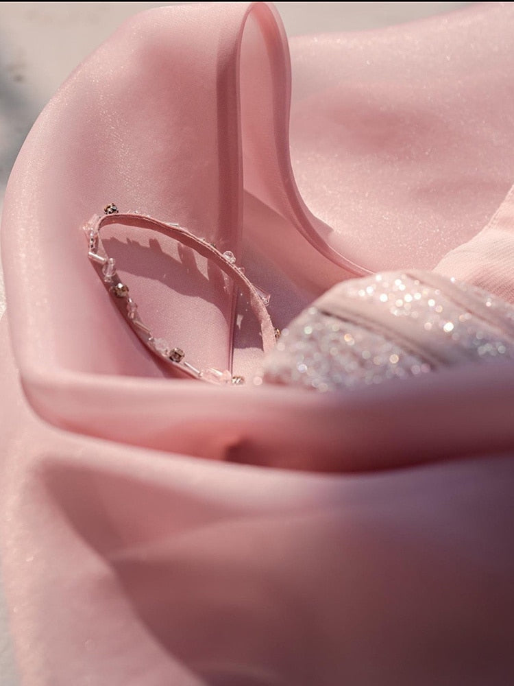 Dress Asymmetric Folds Slash Neck Sleeveless Pink Above Knee Waist