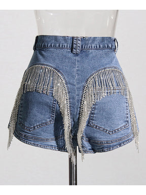 Fashion Women's Chain Tassel Slim Denim Shorts