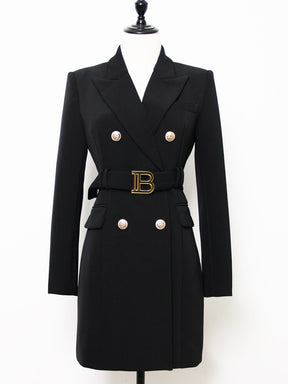 designer Style Women Long Sleeve Notched Collar Lion Buttons Double Breasted Belted Blazer Dress