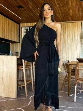 New Solid  Women's One-Shoulder Sexy Lady Long Skirt Slit Ruffled Tassel Swing Evening Dress