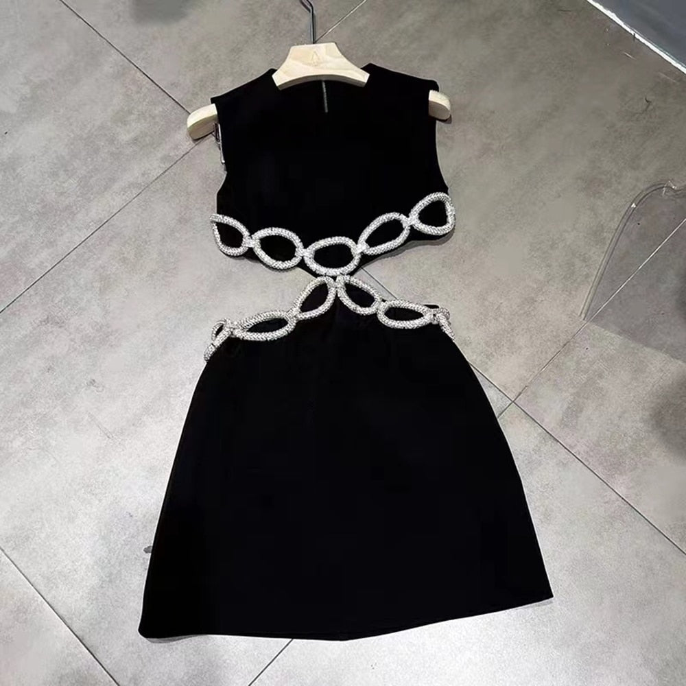 Backless Cut Out Diamond Black Dress