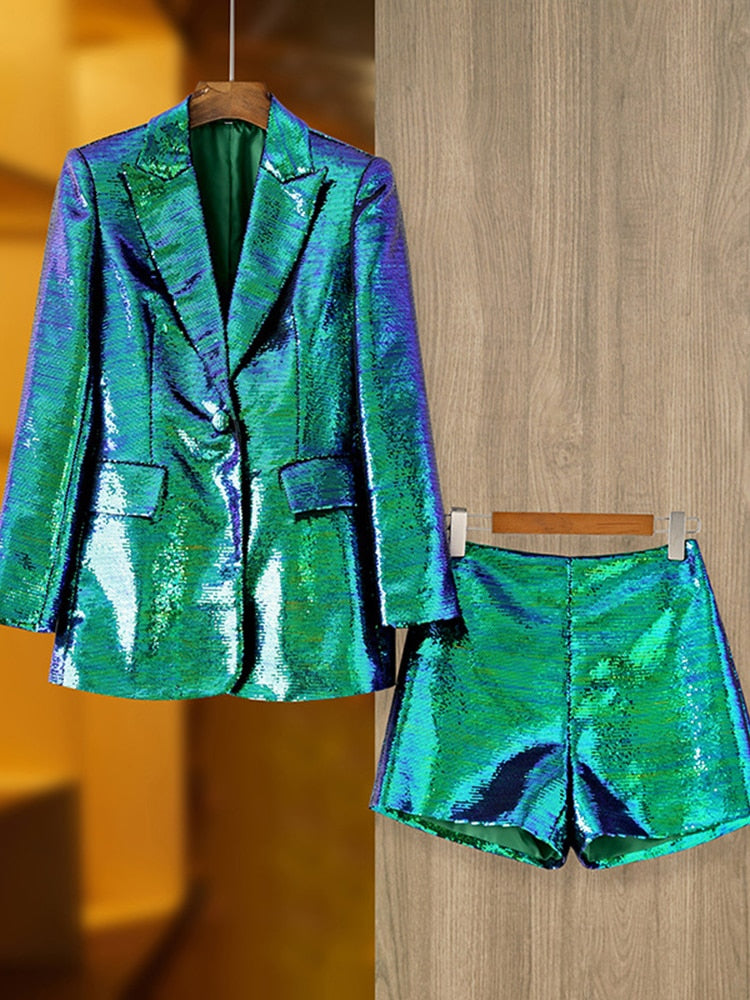 Runway Suit Set Women's Single Button Glitter Sequined Blazer Shorts Set