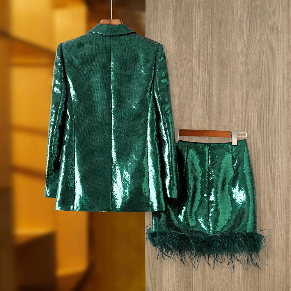 Two Piece Set For Women Outfit Glitter Dark Green Sequins