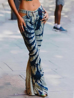 Fashion Women Flare Pant Slim Contrasting Colors Leopard Lateral Waist Denim Floor-length