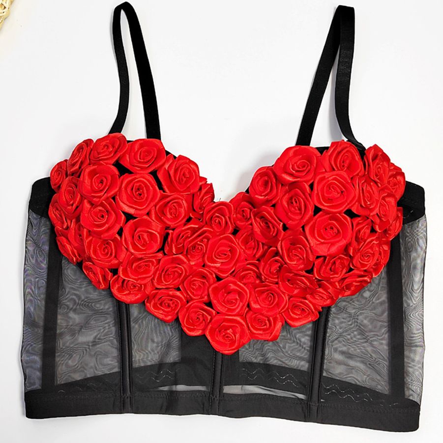 Love Camisole Women Sexy Perspective Hand-Embroidered 3D Flower \
