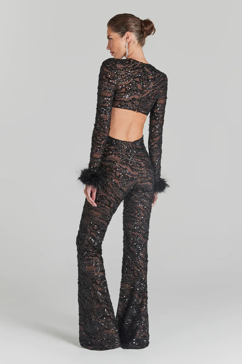 Jumpsuits Black Sequins Party Wear Long Sleeves With Feather
