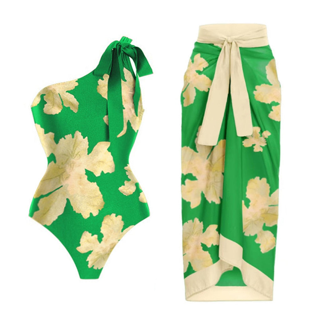 Vintage One Shoulder Green Floral Print Swimsuit Set High Waist Cropped Slim Chic Beachwear Sexy Skeleton Elegant Bikini