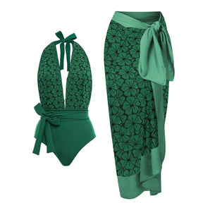 Female Retro Swimsuit&amp;Skirt Holiday Beach Dress Green Vintage Beachwear Designer Bathing Suit Summer Surf Wear