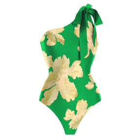 Green Sexy Printed Bikini Set One-piece Swimsuit with Skirt the Shoulder Swimwear Women Lacing Up Bathing Suit Summer Beach Wear