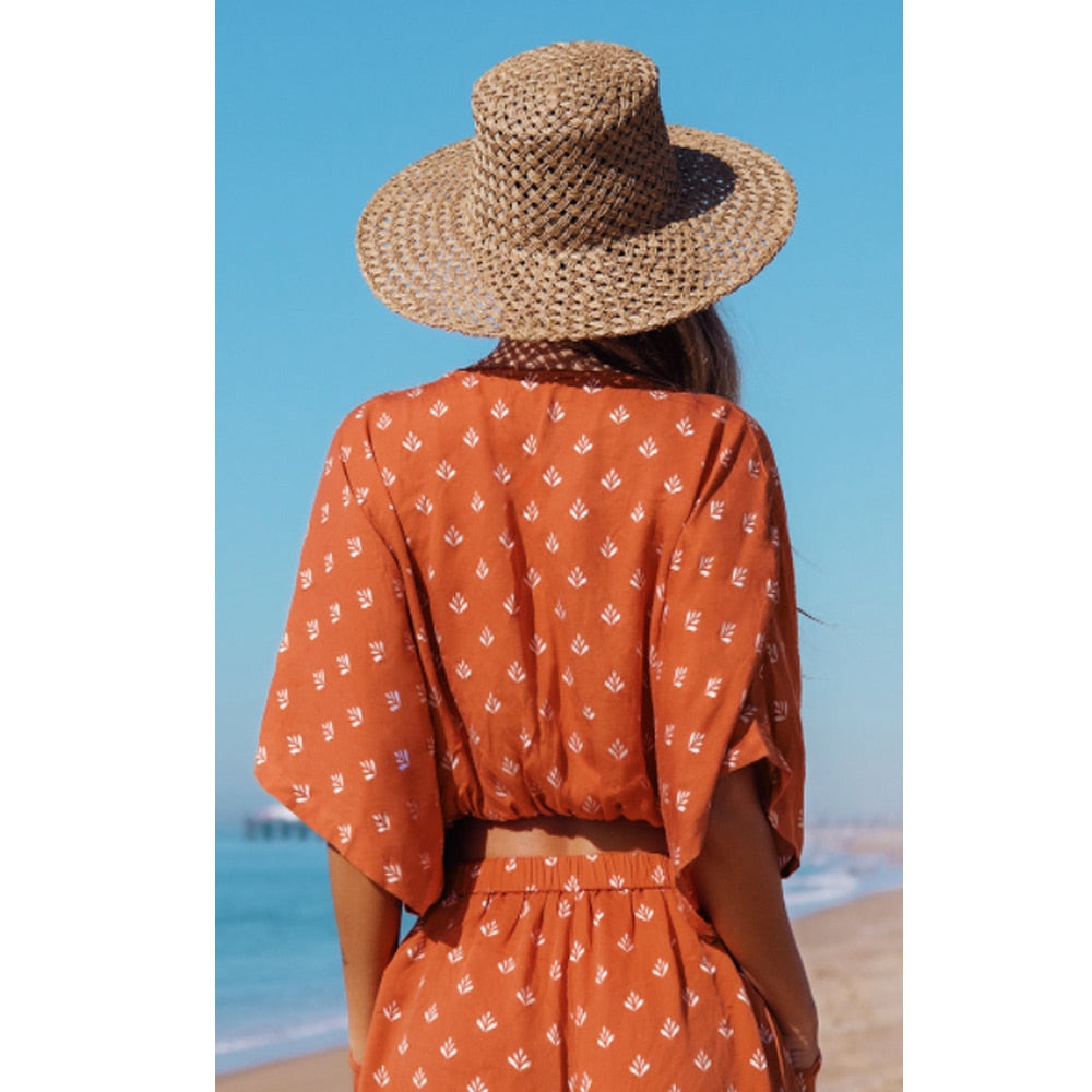 Women Swimwear Beach Wear Orange Cover Ups Vintage Style Sexy Deep V Surf Wear Summer