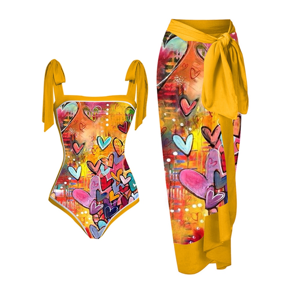 Female Retro Gold Swimsuit &amp; Skirt Holiday Beach Dress Designer Bathing Suit Summer Surf Wear