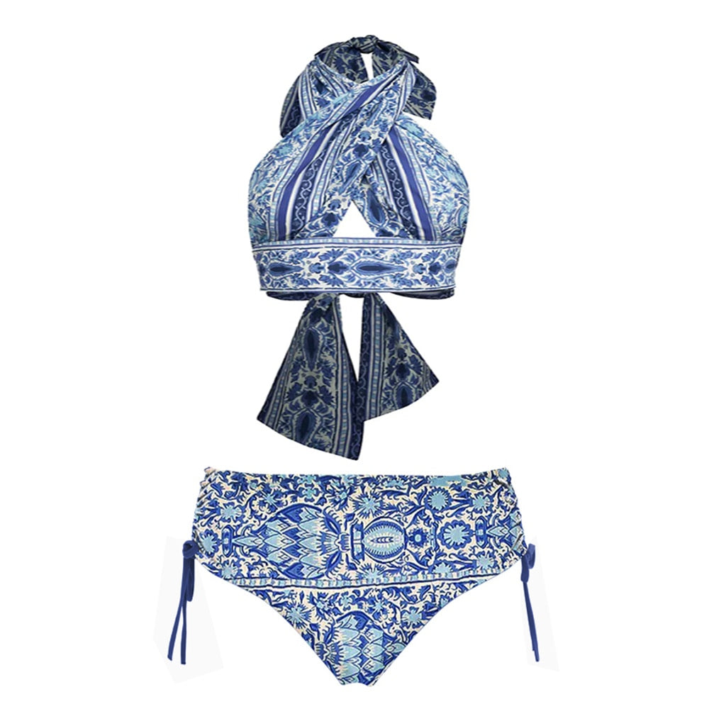 Blue Halter Print Bikini Swimsuit Female Retro Swimsuit 2 Pieces Holiday Beach Dress Designer Bathing Suit Summer Surf Wear