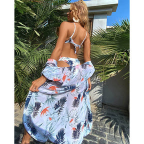 Leaves Print Spaghetti-Neck Bralette Hipster Beach Bikini Gathering String Straps Sexy Hollow Pool Fit Chic Chiffon Blouse 2022