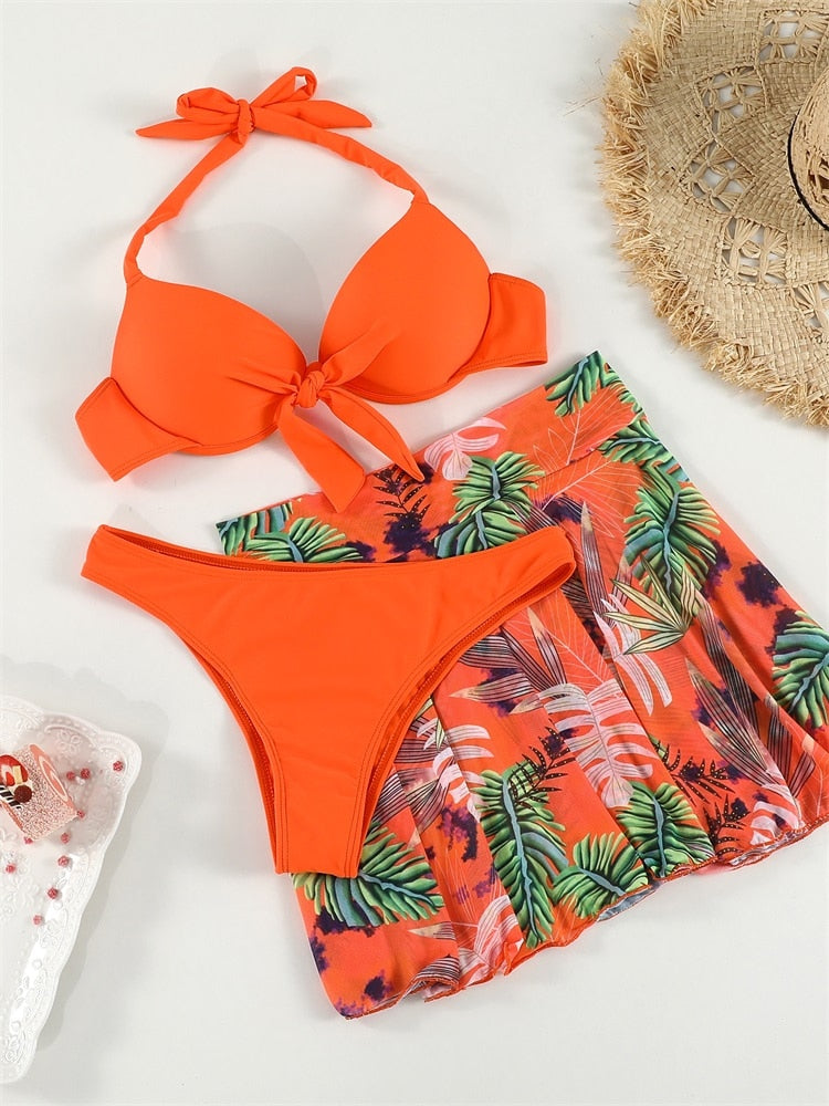 Flower Print Swimwear 3-Piece Swimsuit Female Bikini Set Halter Bathing Suit Summer Beach Wear Women Cover Up Push Up Biquini