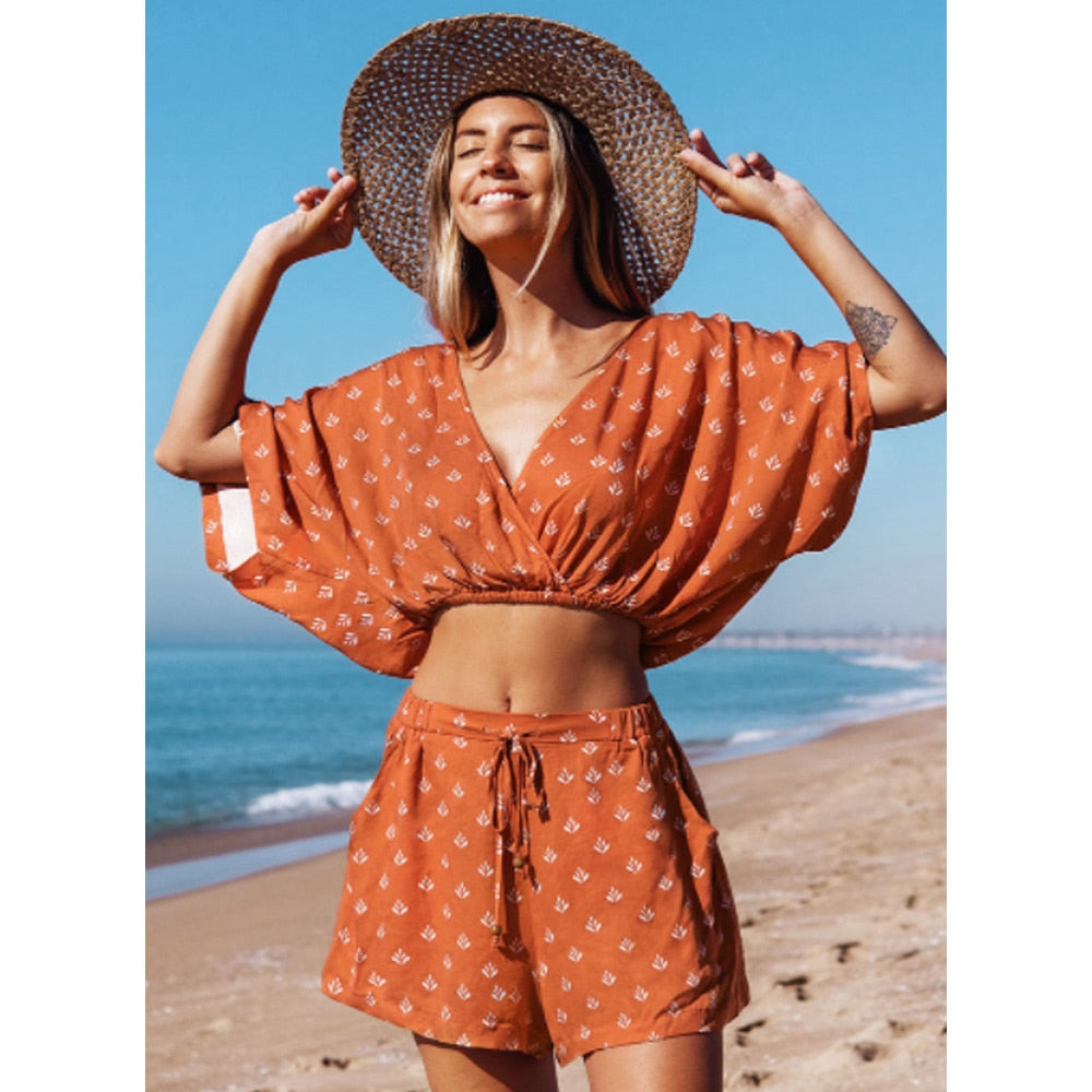 Women Swimwear Beach Wear Orange Cover Ups Vintage Style Sexy Deep V Surf Wear Summer