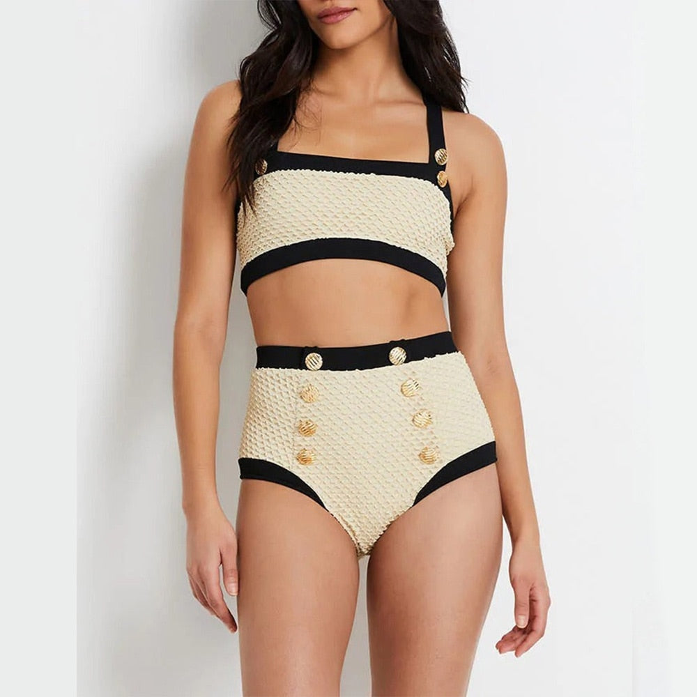 Female Retro Bikini Textured Lycra Crop High Waist Tummy Control Designer Bathing Suit Summer Surf Wear