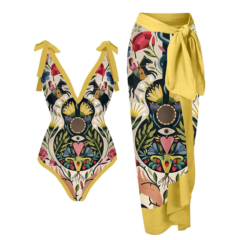 Female Retro Printed One Piece Tie Swimsuit &amp;Skirt Yellow Holiday Beach Dress Designer Bathing Suit Summer Surf Wear
