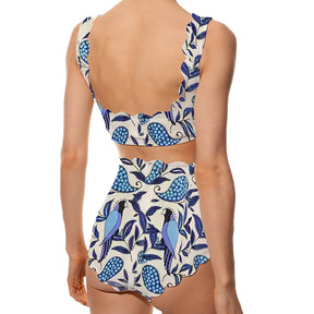 Blue Coconut Print Fashion Swimsuit One Piece Sling Beachwear Push Up High Waist Seamless Patch Bikini Crew Neck Elegant