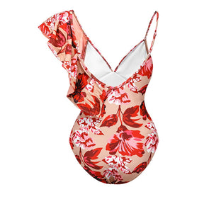 Fashion Print Suspender Type One-Piece Bikini Ruffled Slim V-Neck Sexy Swimsuit Hollow Seamless Stitching Beachwear