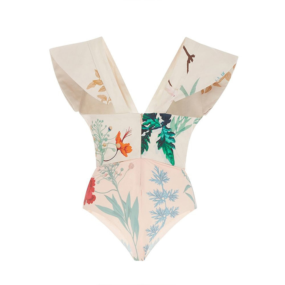 Fashion Flower Print Bikini V-Neck Slim One-Piece Beachwear Seamless Splicing Backless Tie Wide Straps Elegant Swimwear Women