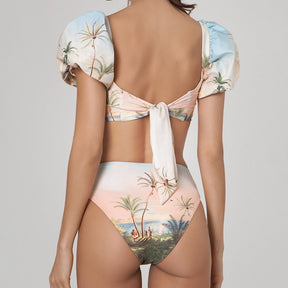 Puff Sleeves Split-joint Bikini Two-piece Swimsuit 2022 Sexy Printed High Waist Swimwear with Skirt Women Bathing Suit Beachwear