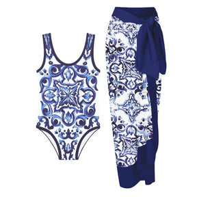 Women One Piece Swimsuit  &amp; Skirt Blue Holiday Beachwear Vintage Swimwear Female Retro Designer Bathing Suit Surf Wear Summer