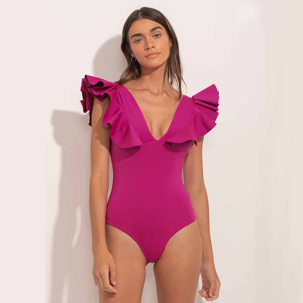 V-Neck Solid Ruffle One-Piece Swimsuit with Skirt and Cover-Up Holiday Beach Dress Designer Bathing Suit Summer Surf Wear