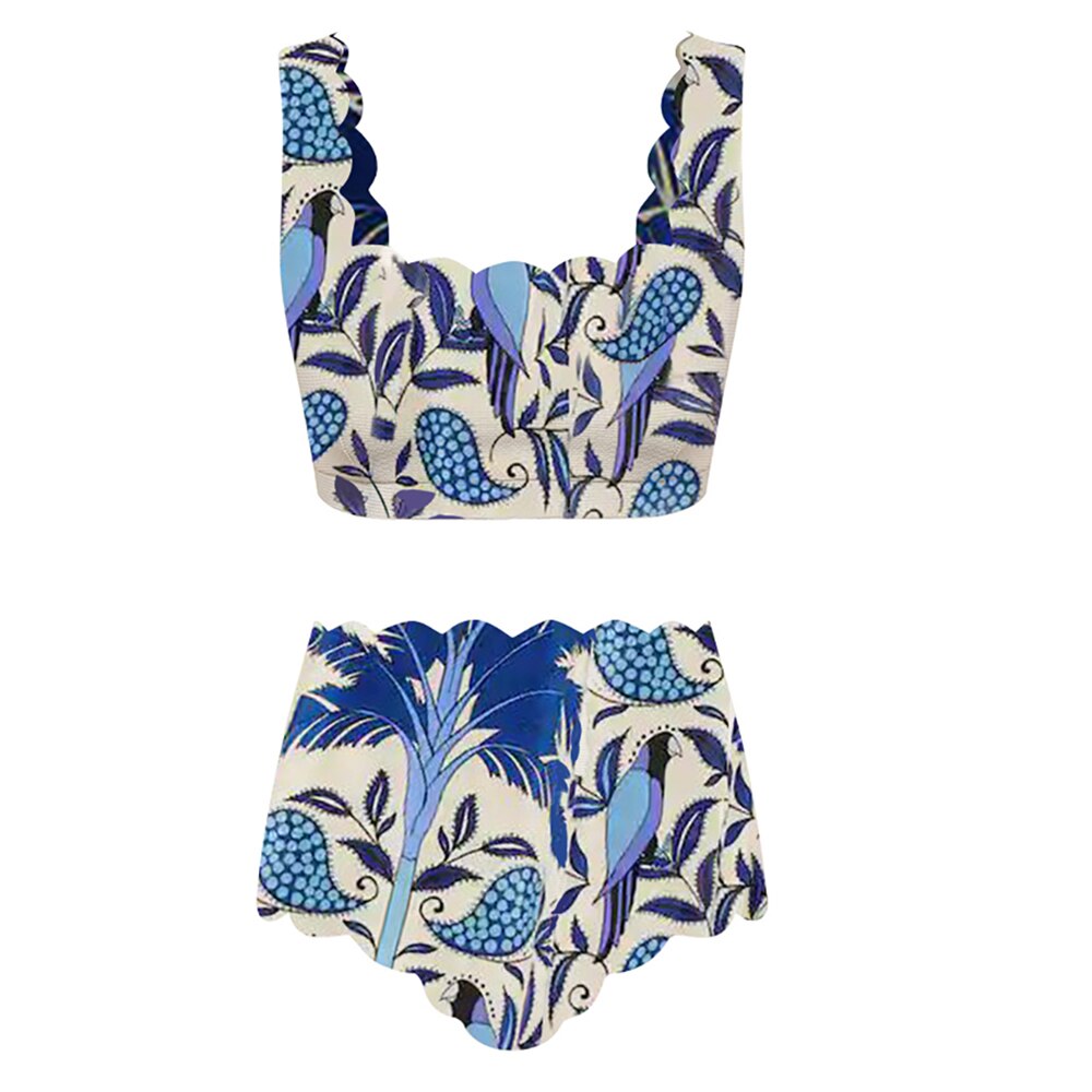 Blue Coconut Print Fashion Swimsuit One Piece Sling Beachwear Push Up High Waist Seamless Patch Bikini Crew Neck Elegant