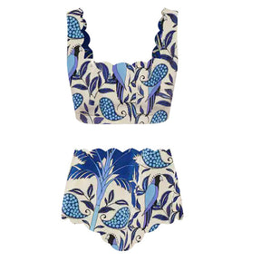 Blue Coconut Print Fashion Swimsuit One Piece Sling Beachwear Push Up High Waist Seamless Patch Bikini Crew Neck Elegant