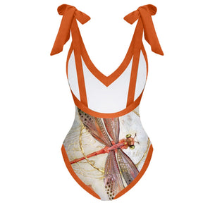 Women One Piece Swimsuit &amp; Skirt Orange Print Female Retro Swimwear Holiday Beach Dress Designer Bathing Suit Summer Surf Wea